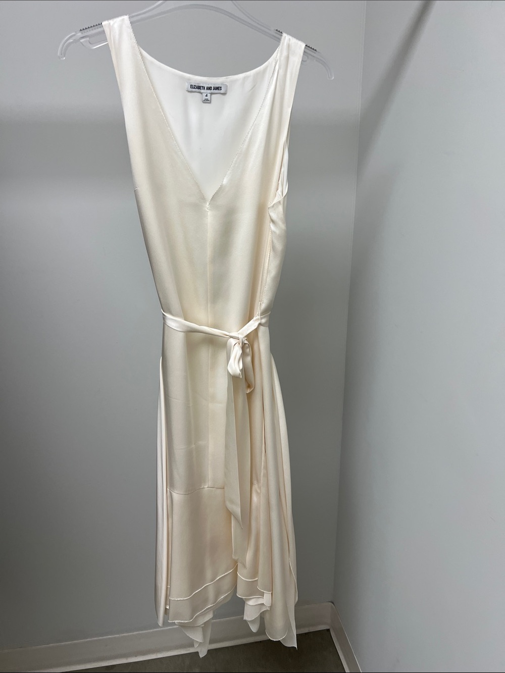 Elizabeth and James Cream Silk V-Neck Midi Dress with Tie Waist
